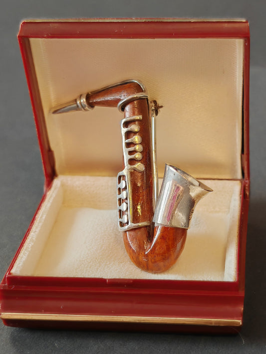 Broche saxophone argent 925 & bois